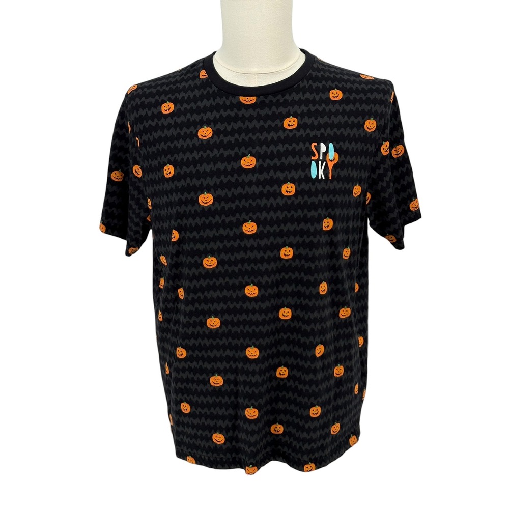 Denim & Flower T-Shirt Black Pumpkin Spooky All Over Print 100% Cotton Size L